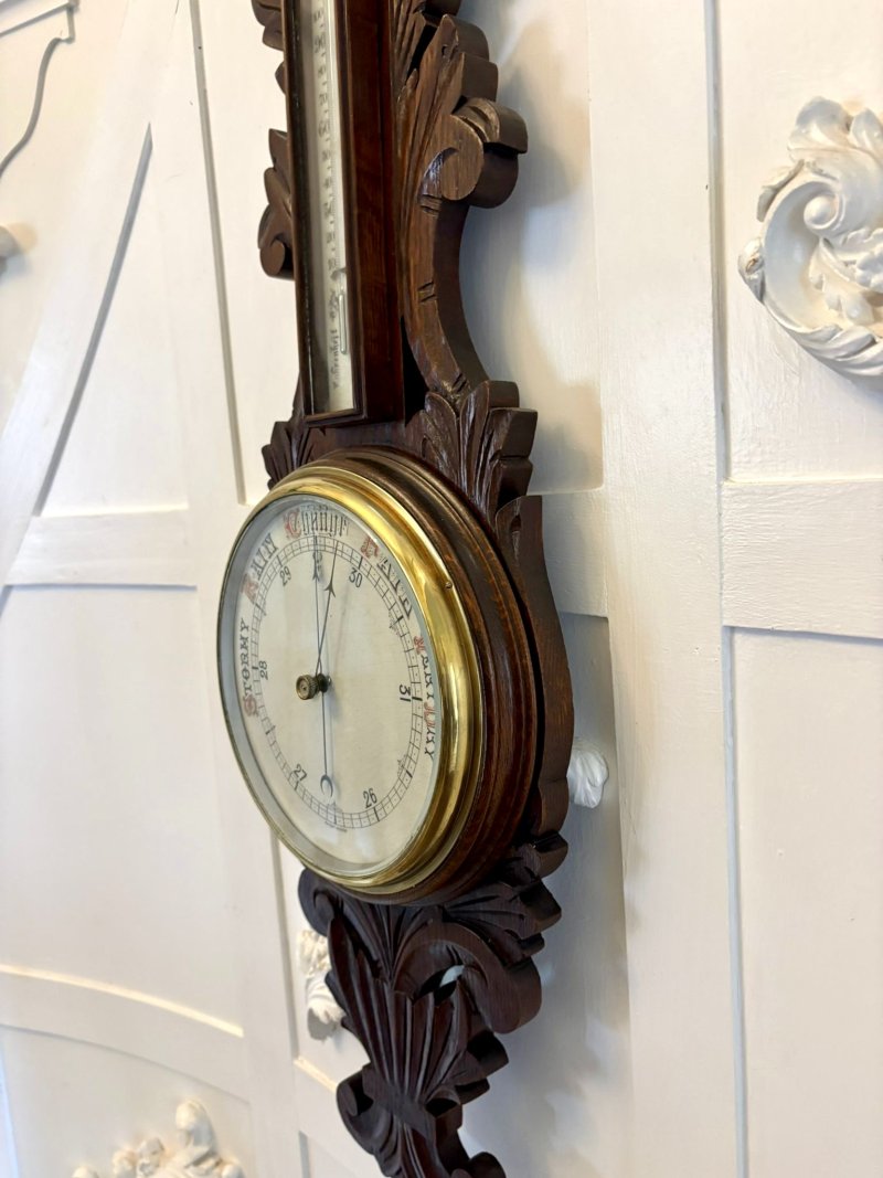 Antique Carved Oak Aneroid Barometer with Thermometer - Image 2